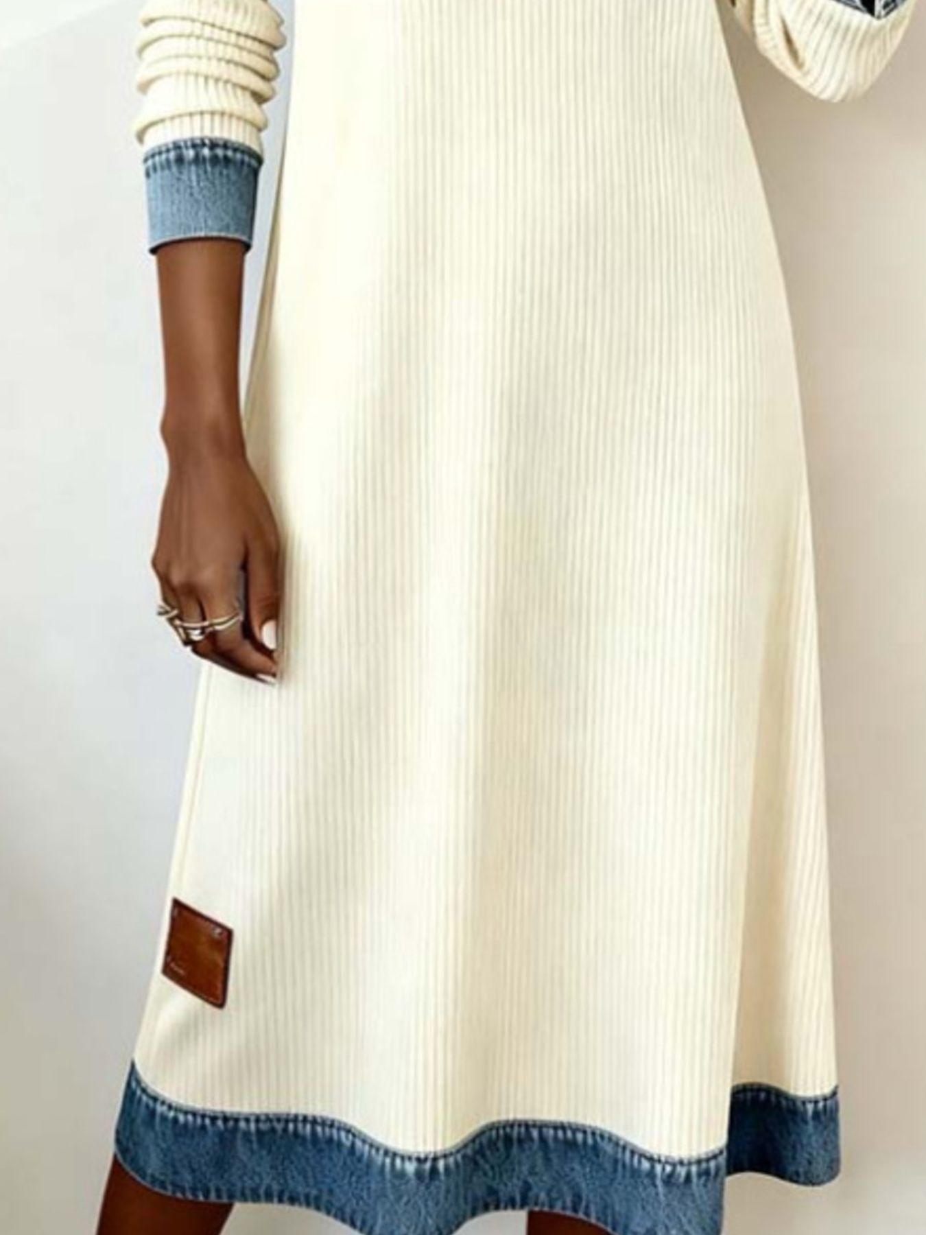 Denim trim ribbed knit midi dress by Trendsi featuring a fitted silhouette, long sleeves, and a stylish midi length.