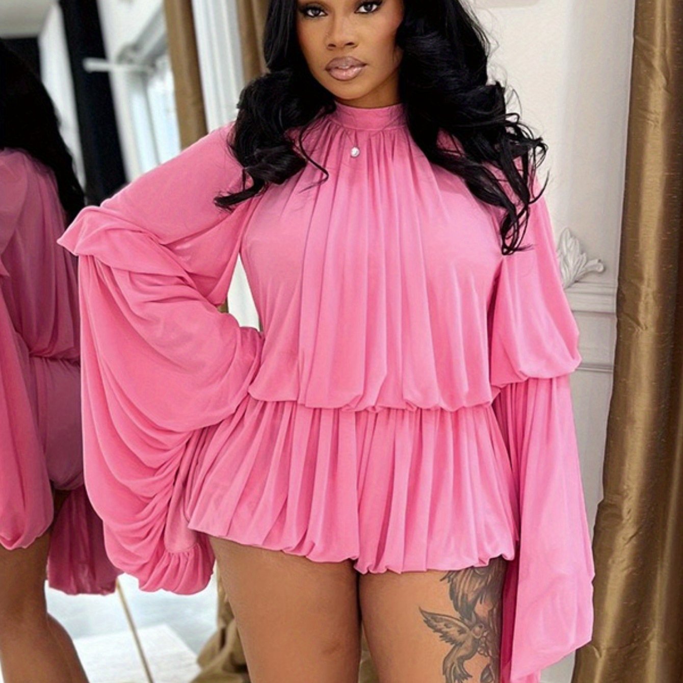 High Neck Pleated Romper with Pockets