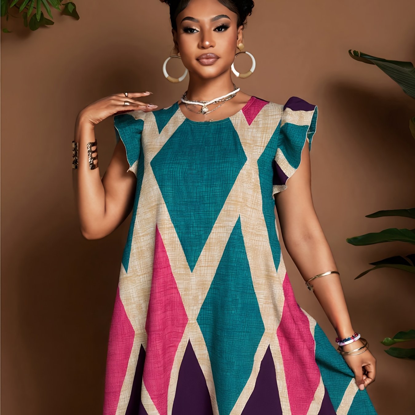 Geometric Ruffle Sleeve A-Line Mini Dress – Bold, Flowy & Flirty