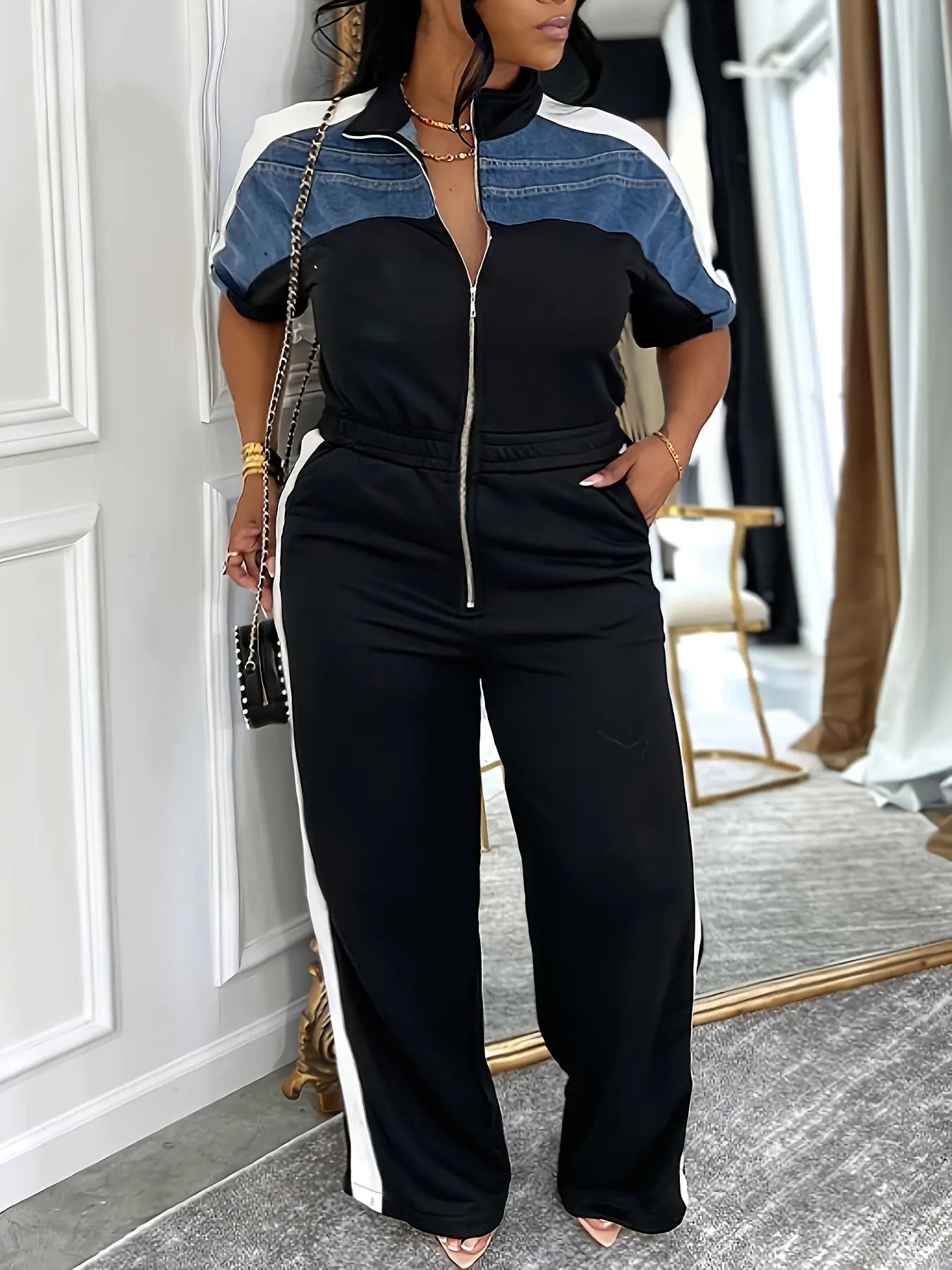 Denim & Color Block Wide-Leg Jumpsuit Toshe Women's Fashions