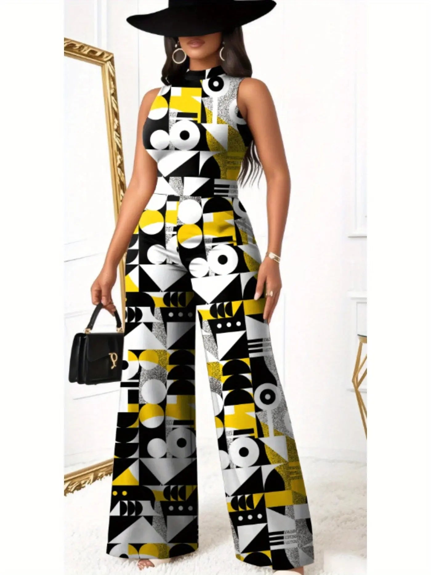 Yellow Bold Geometric Print Sleeveless Wide-Leg Jumpsuit Toshe Women's Fashions
