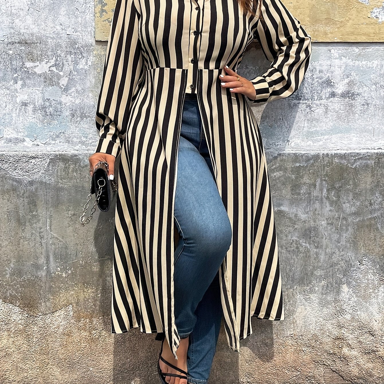 Collared Striped Button-Up Hi-Lo Blouse with Front Split