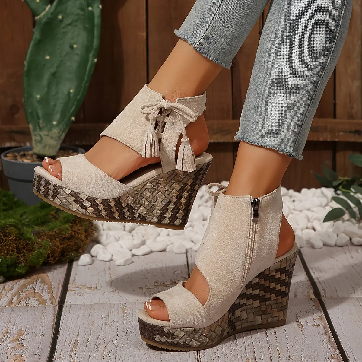Beige Wedge Ankle Strap Platform Sandals Toshe Women's Fashions