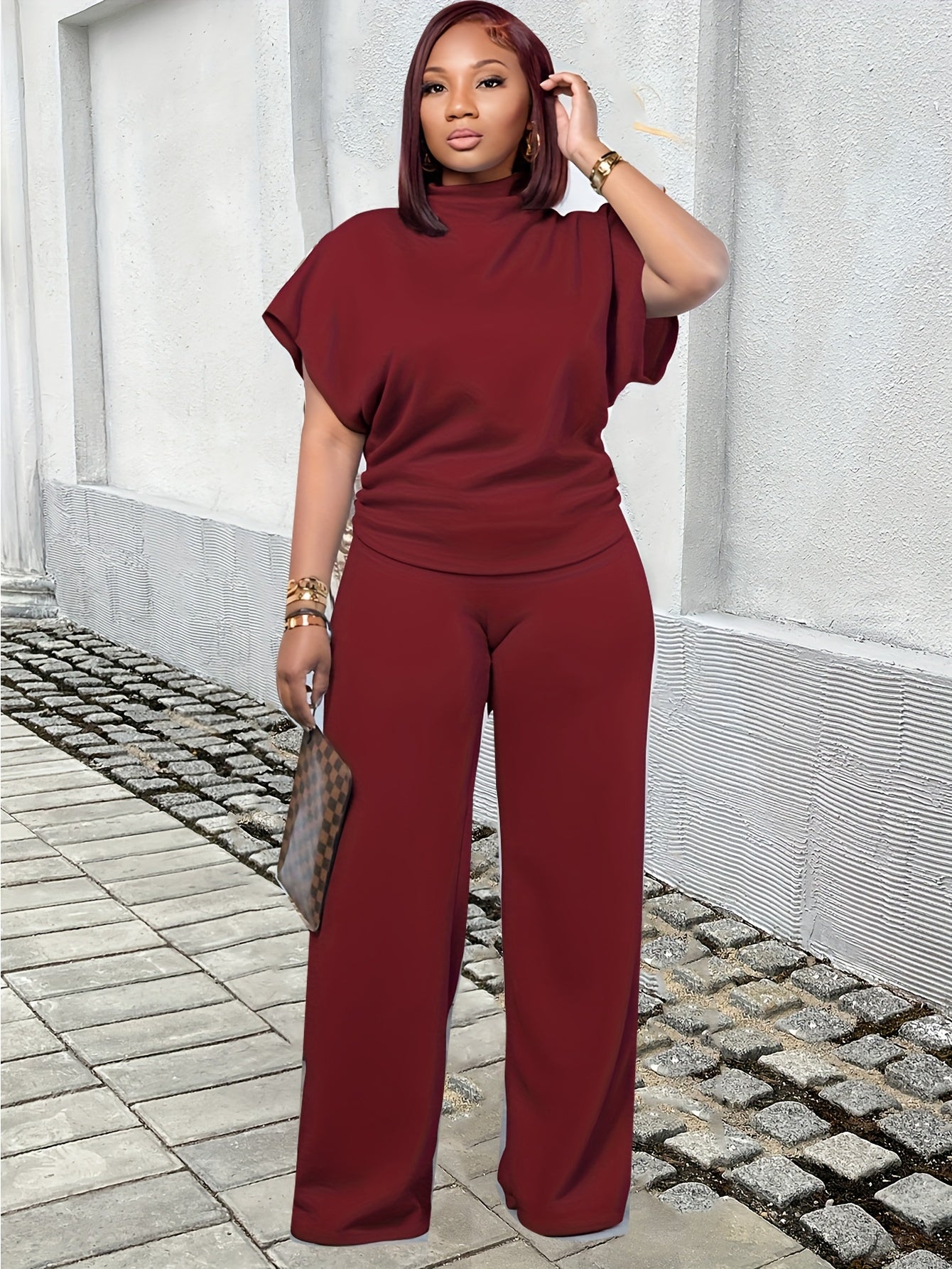 Red Two-Piece Set – High Neck Cap Sleeve Top & Wide Leg Pants Outfit