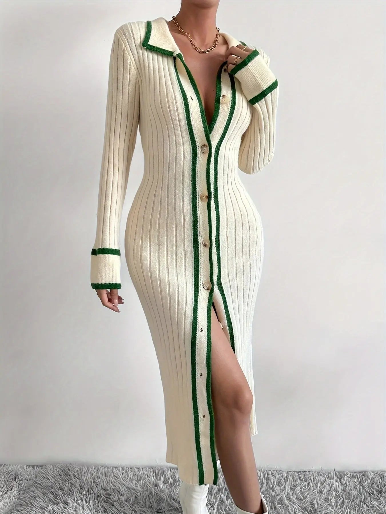 Stylish Contrast Trim Button Front Cardigan - Elegant Long Sleeve, Slim-Fit, Collar Detail, Versatile Dress Toshe Womens Fashion