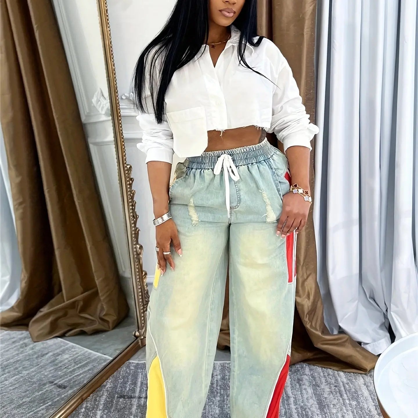 Color-block Drawstring Wide Leg Jeans Toshe Women's Fashions