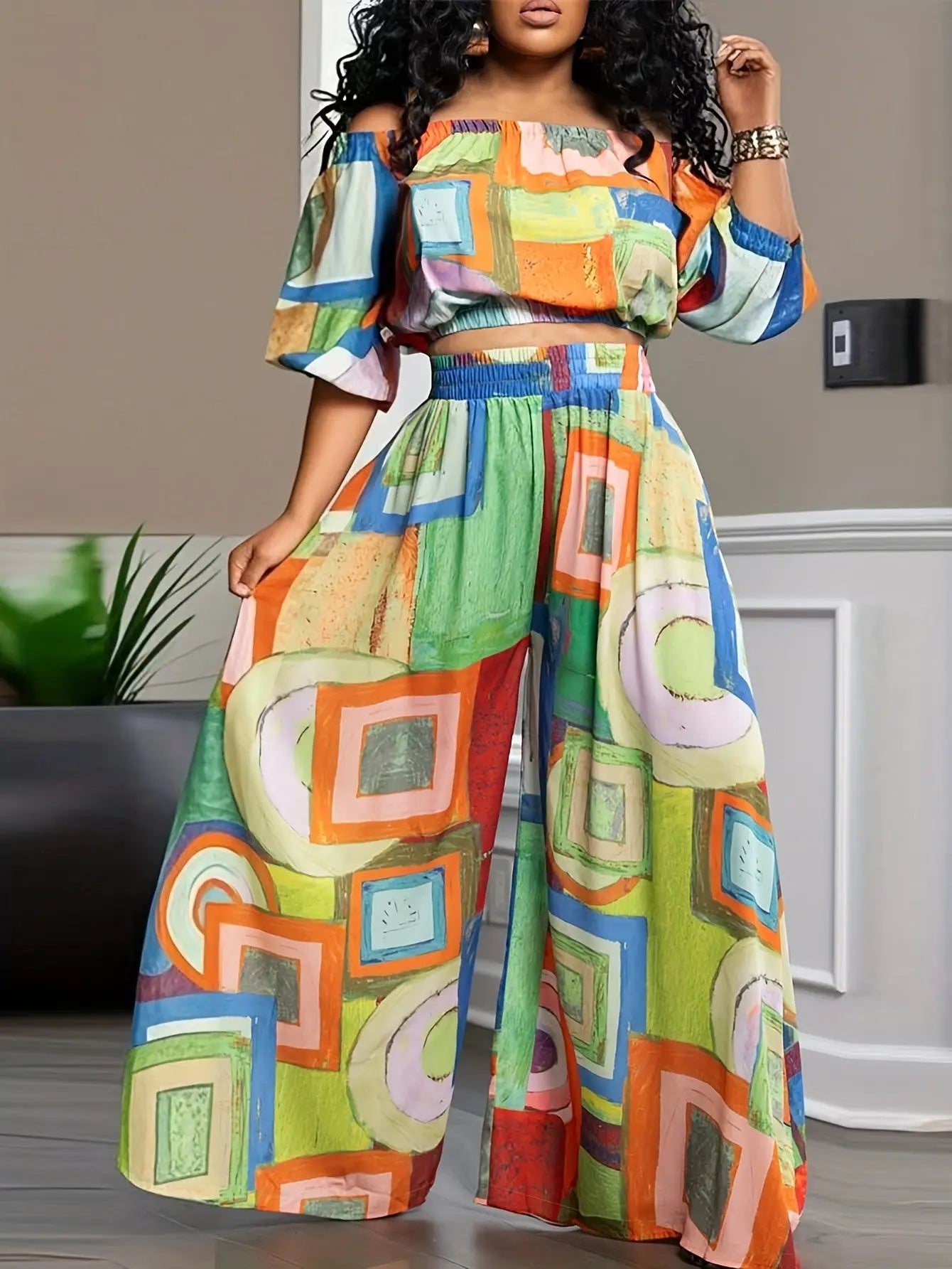 Colorblock Boho Crop Top and Wide Leg Suit Toshe Women's Fashions