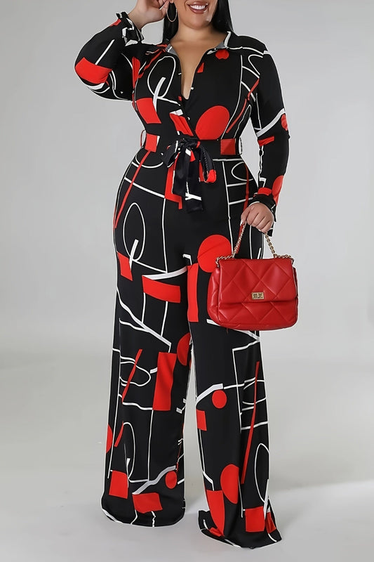 Geometric Print Belted Jumpsuit – Lapel Collar, Wide-Leg & Statement Style