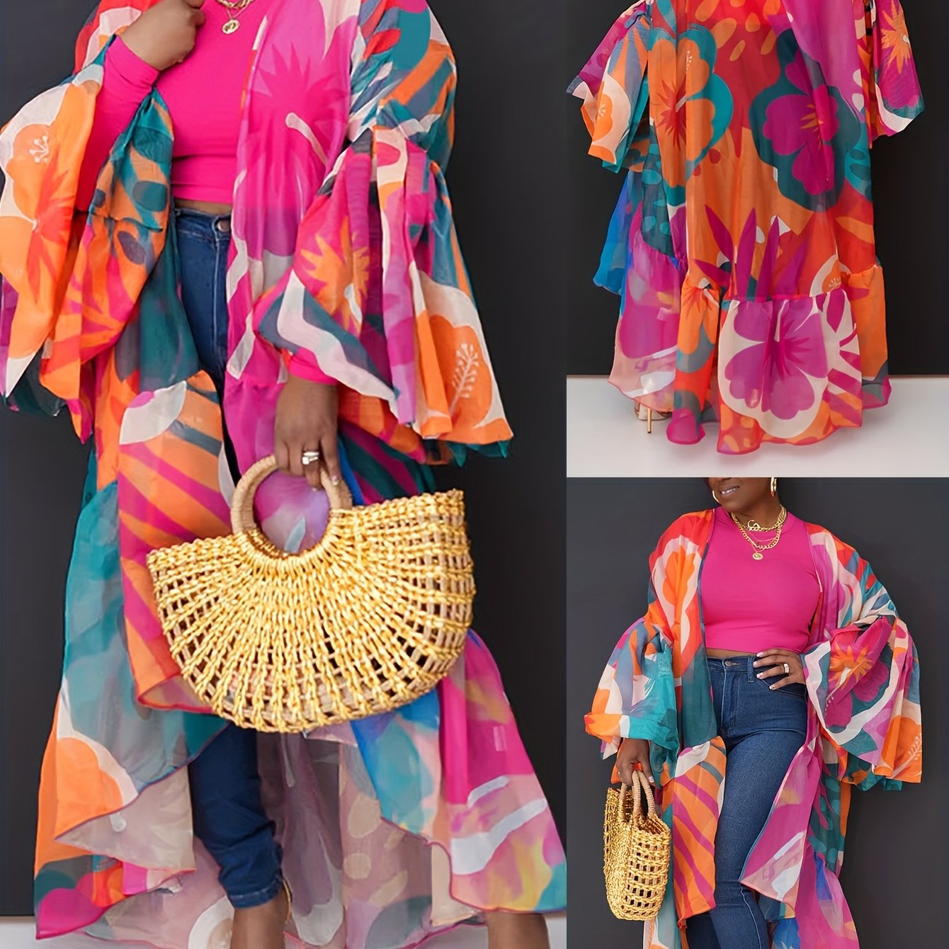 Chic Abstract Print Batwing Sleeve Cardigan