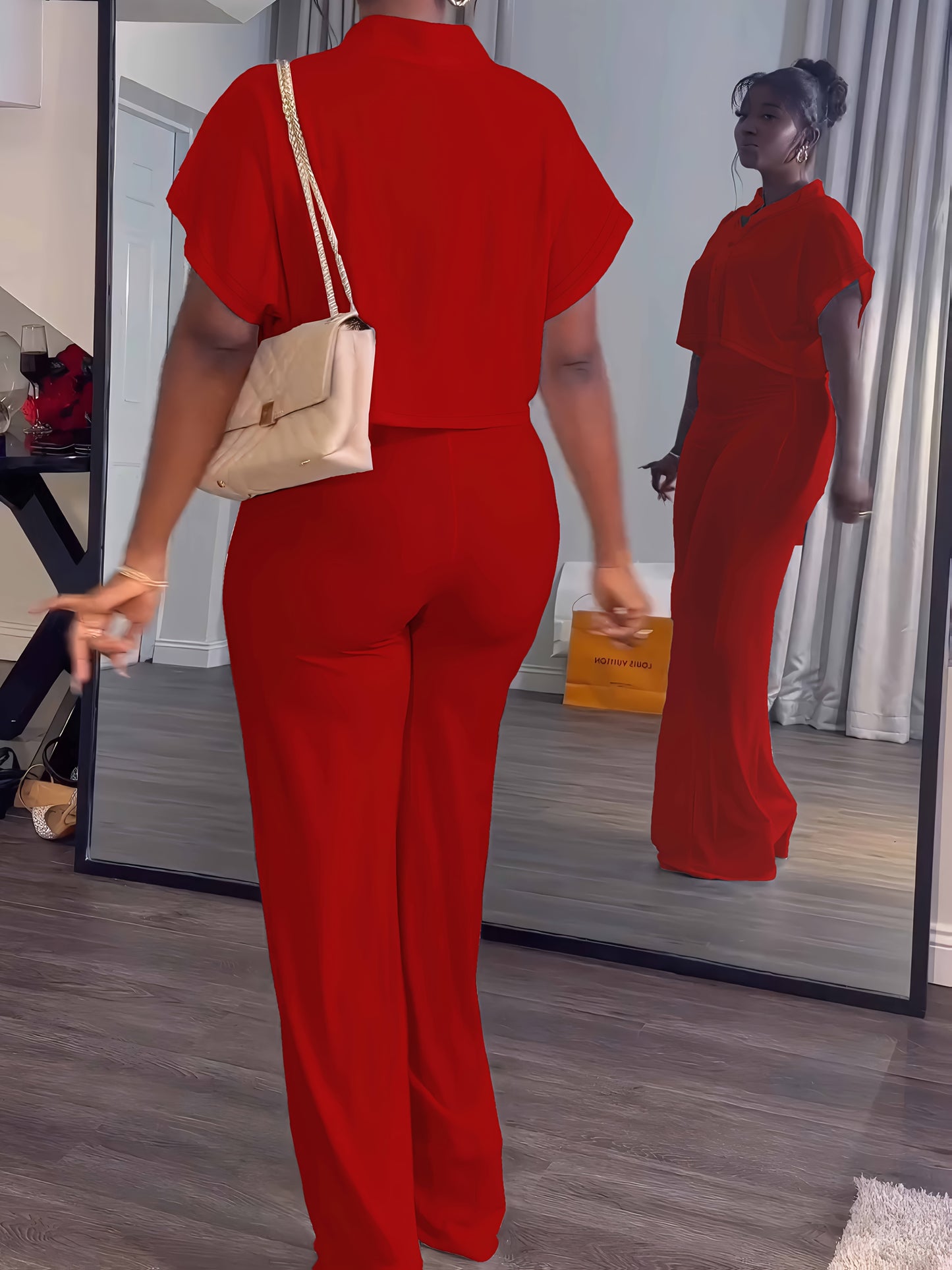 Collared Button Crop Top and Wide Leg Pant Set