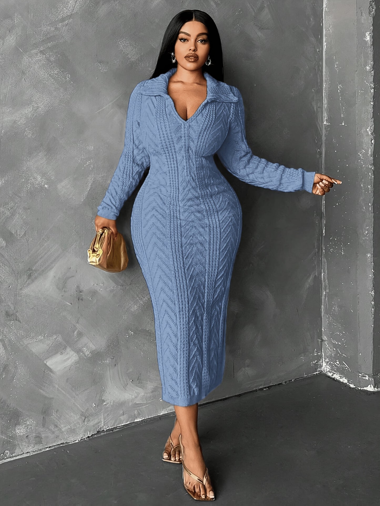Blue Ribbed Sweater Dress – V-Neck, Collared, Long Sleeve Knit Dress for Women
