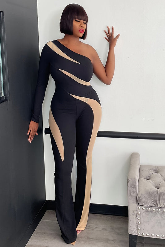 Black Black & Beige Off-Shoulder Mesh Panel Jumpsuit – Elegant Wide-Leg One-Piece Outfit