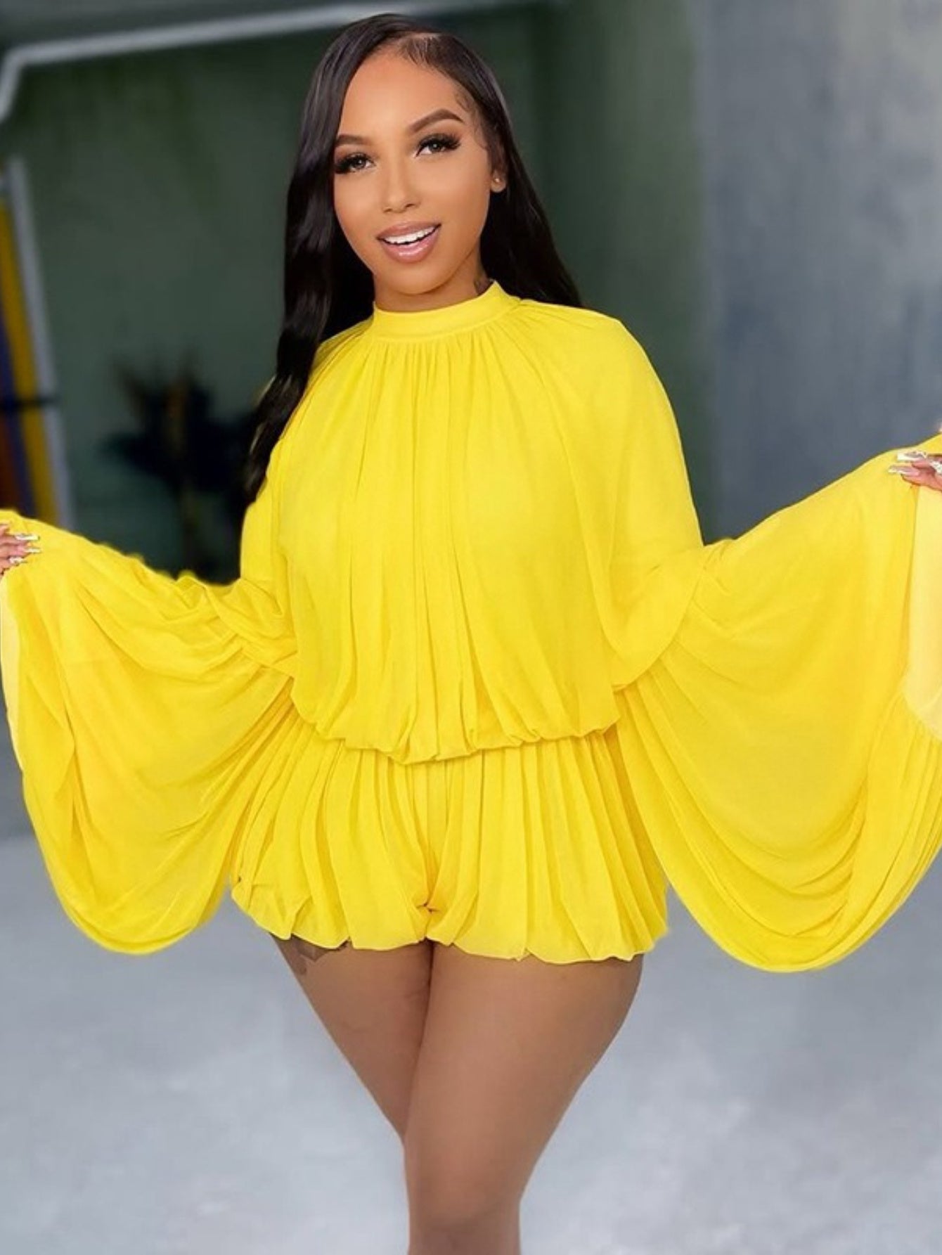 High Neck Pleated Romper with Pockets