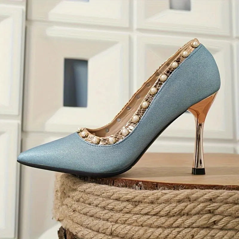 Peacock Blue Pearl Studded Heels Toshe Women's Fashions