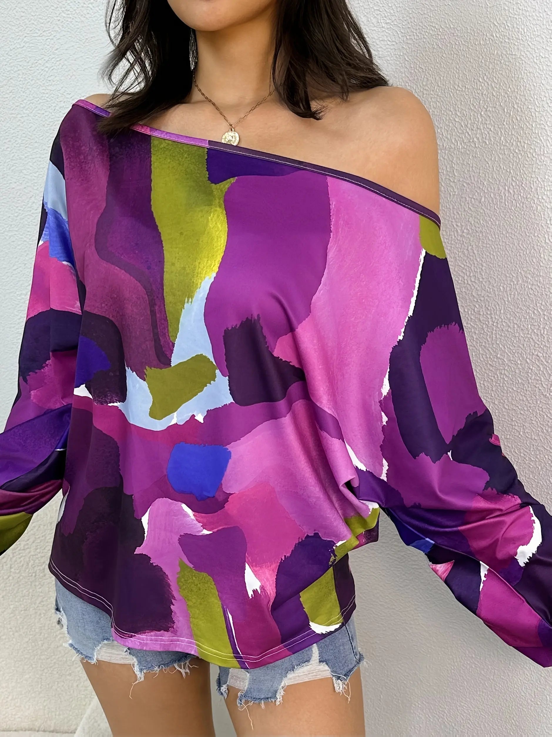 Purple Paint Print Off-Shoulder Blouse Toshe Women's Fashions