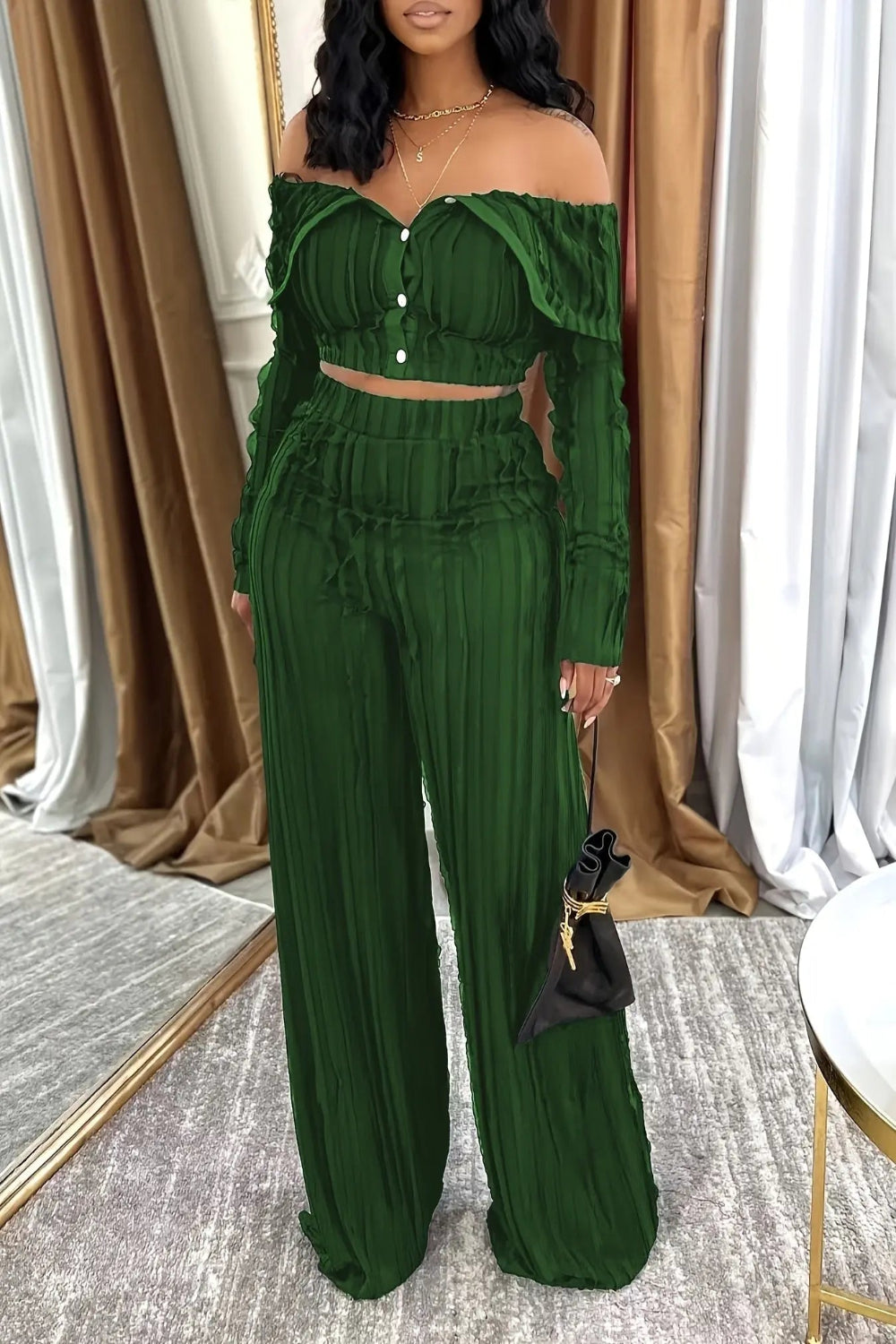 Wave Folded Collar Buttoned Crop Top and Wide Leg Pant Set Toshe Women's Fashions