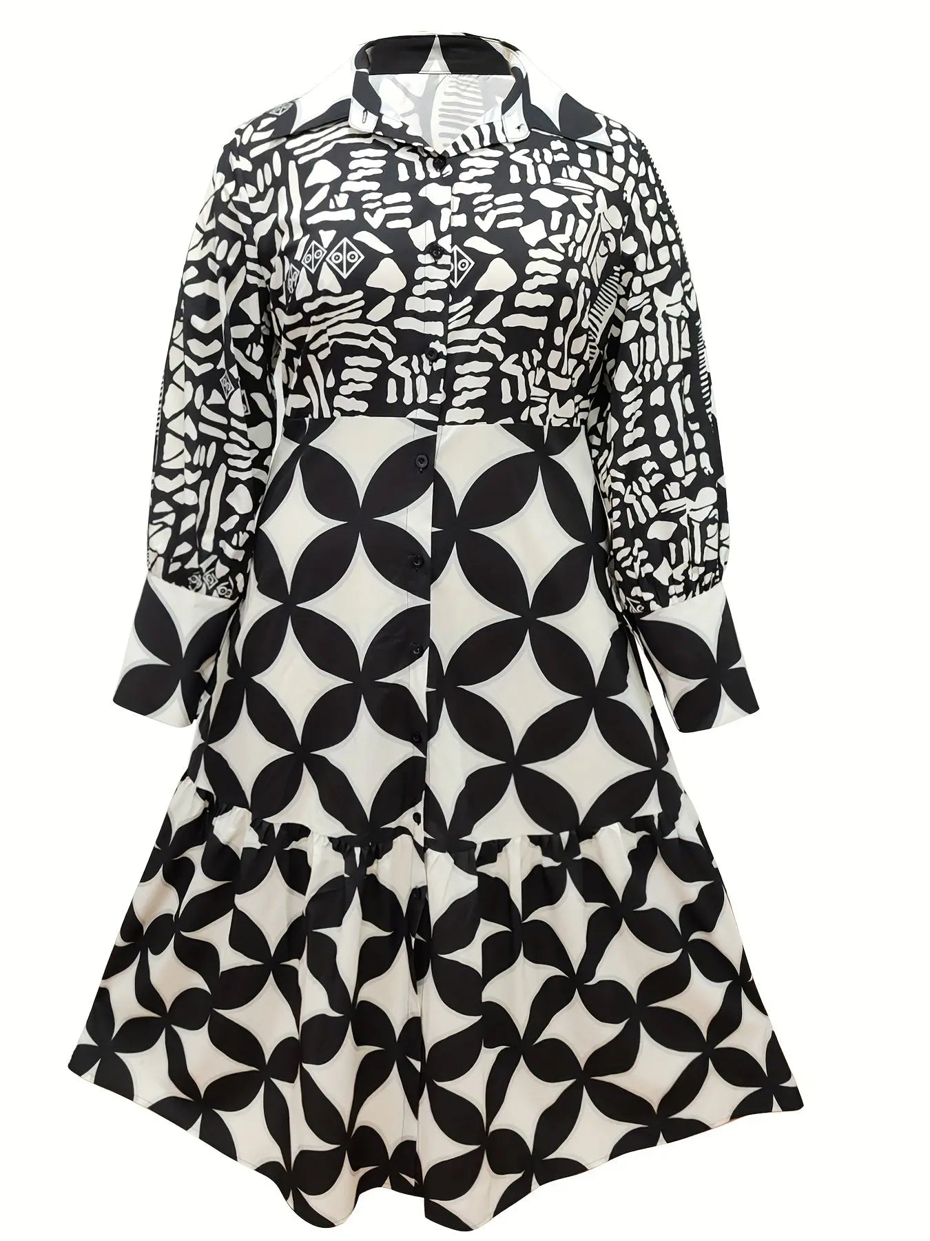Long Sleeve Shirt Dress - Loose Fit, Geometric Print, Black & White Floral Design, Button-Up Collar Toshe Womens Fashions