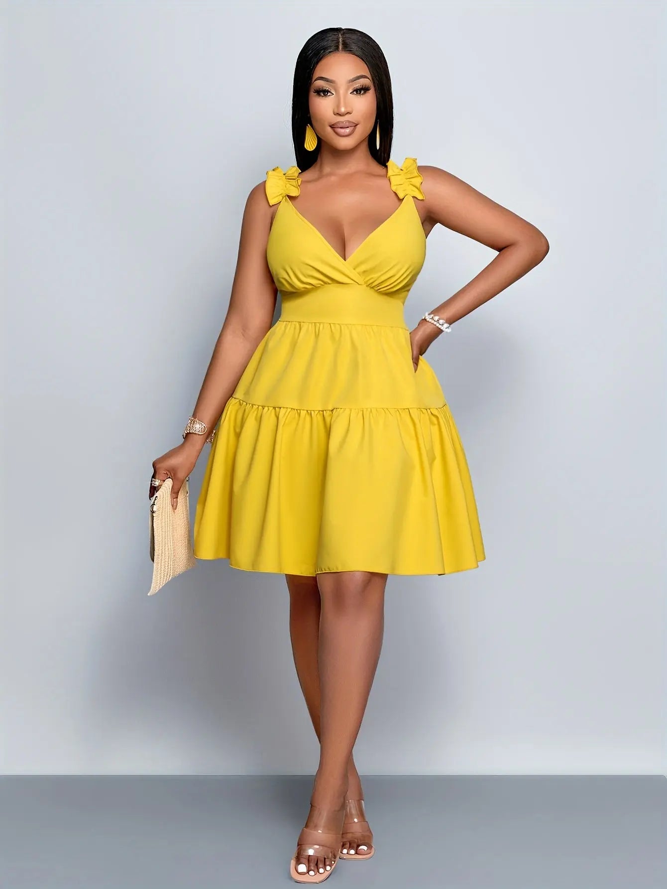 Plus Size Women's Off-Shoulder Ruffled Sleeve Summer Dress - Vibrant Yellow Toshe Women's Fashions