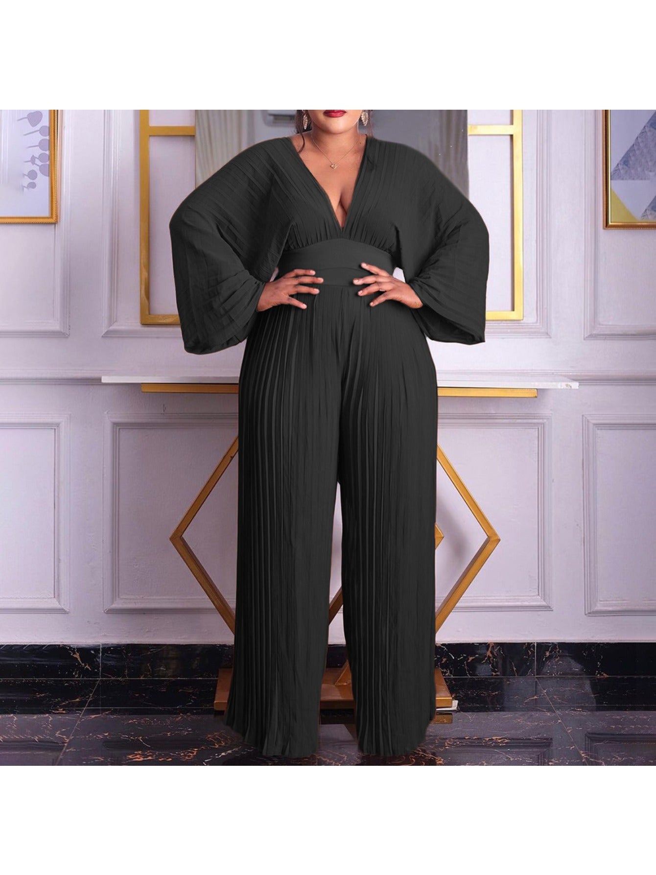 Deep V-Neck Lantern Sleeve High-Waist Jumpsuit – Elegant Wide-Leg One-Piece Outfit