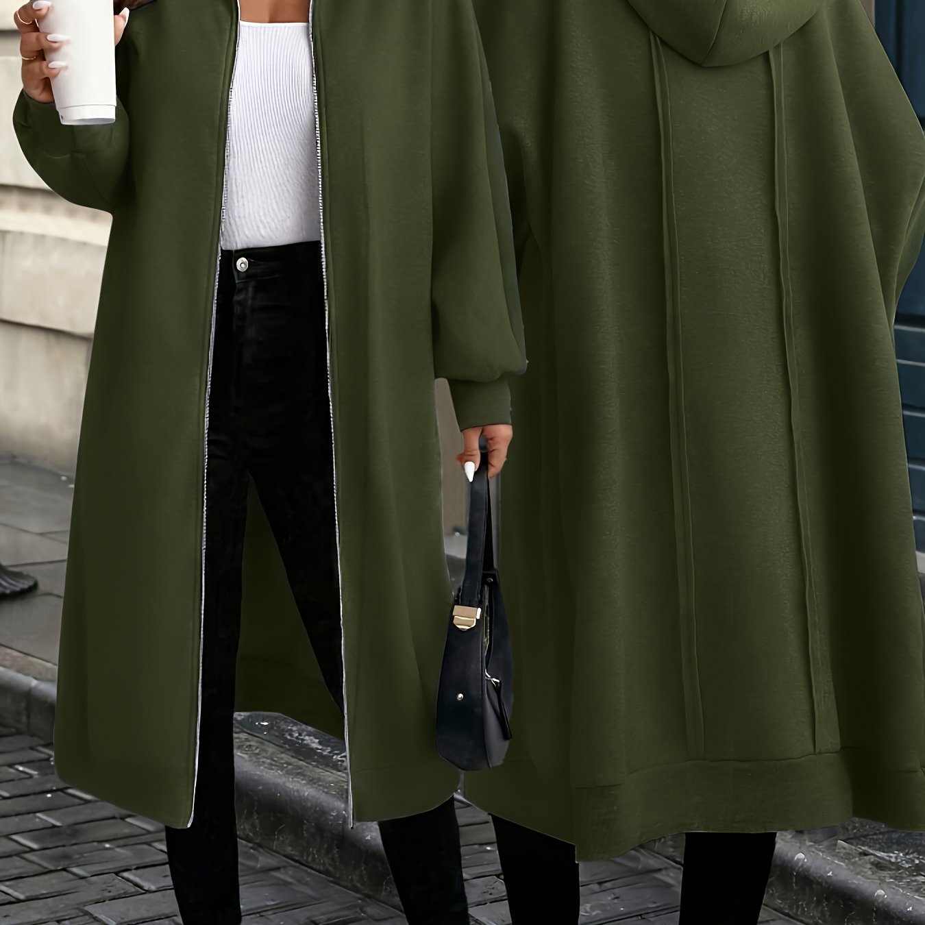 Hooded Zipper Front Long Overcoat