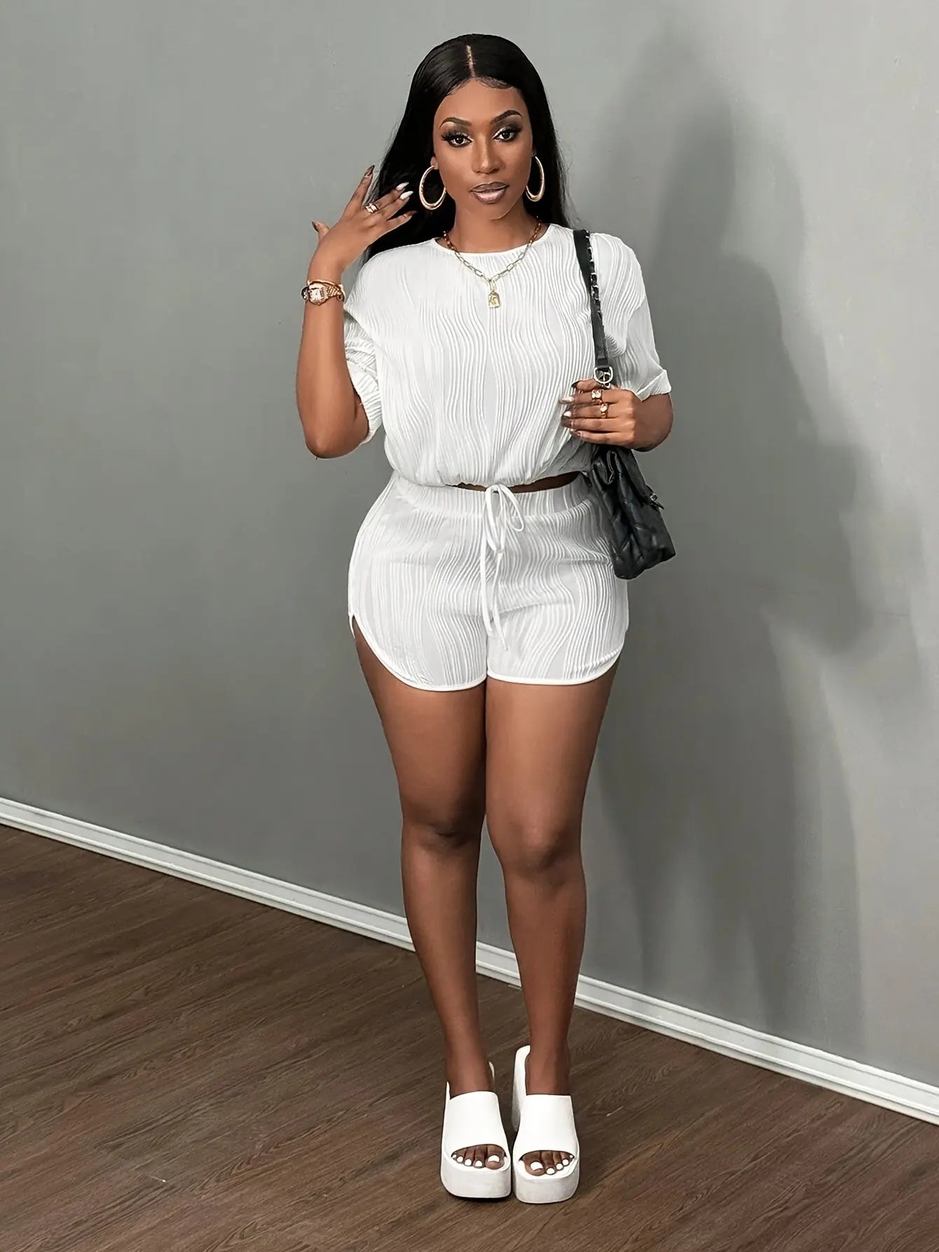 Elegant Two-Piece White Striped Knit Top with Drawstring Waist and Shorts, Short Sleeve, Round Neck, Polyester Fabric, Toshe Womens Fashions