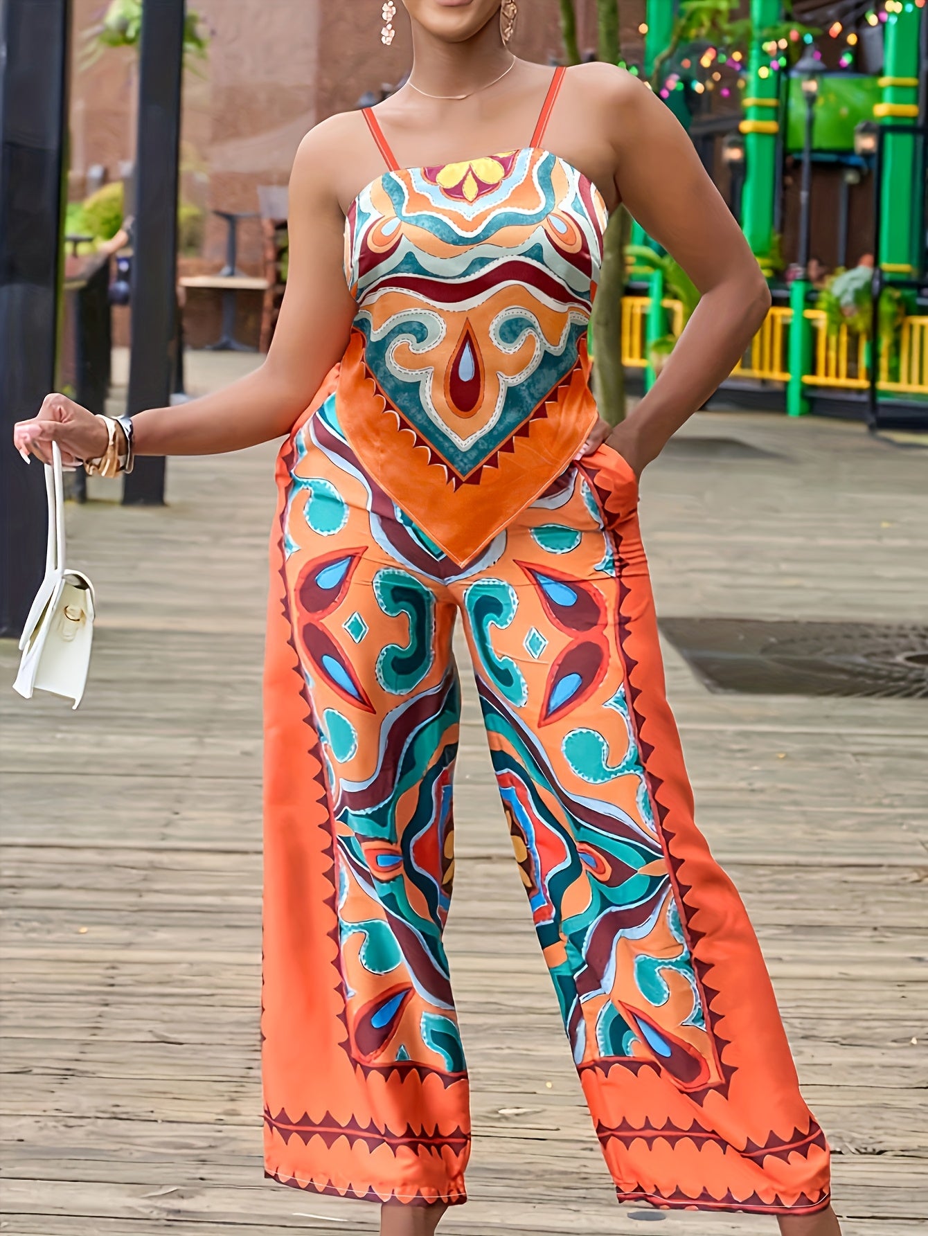 Geometric Print Spaghetti Strap V Shape Hem and Straight Pants Set