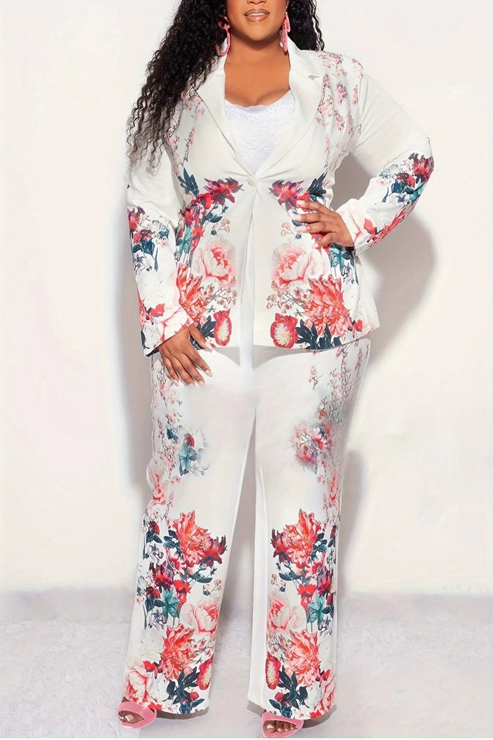 White Floral Printed Pants Suit Toshe Women's Fashions
