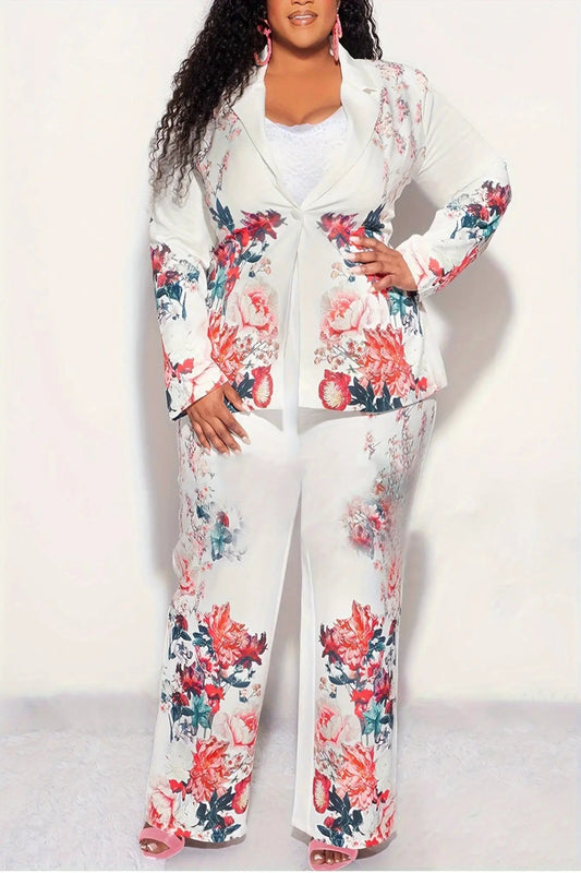 White Floral Printed Pants Suit Toshe Women's Fashions