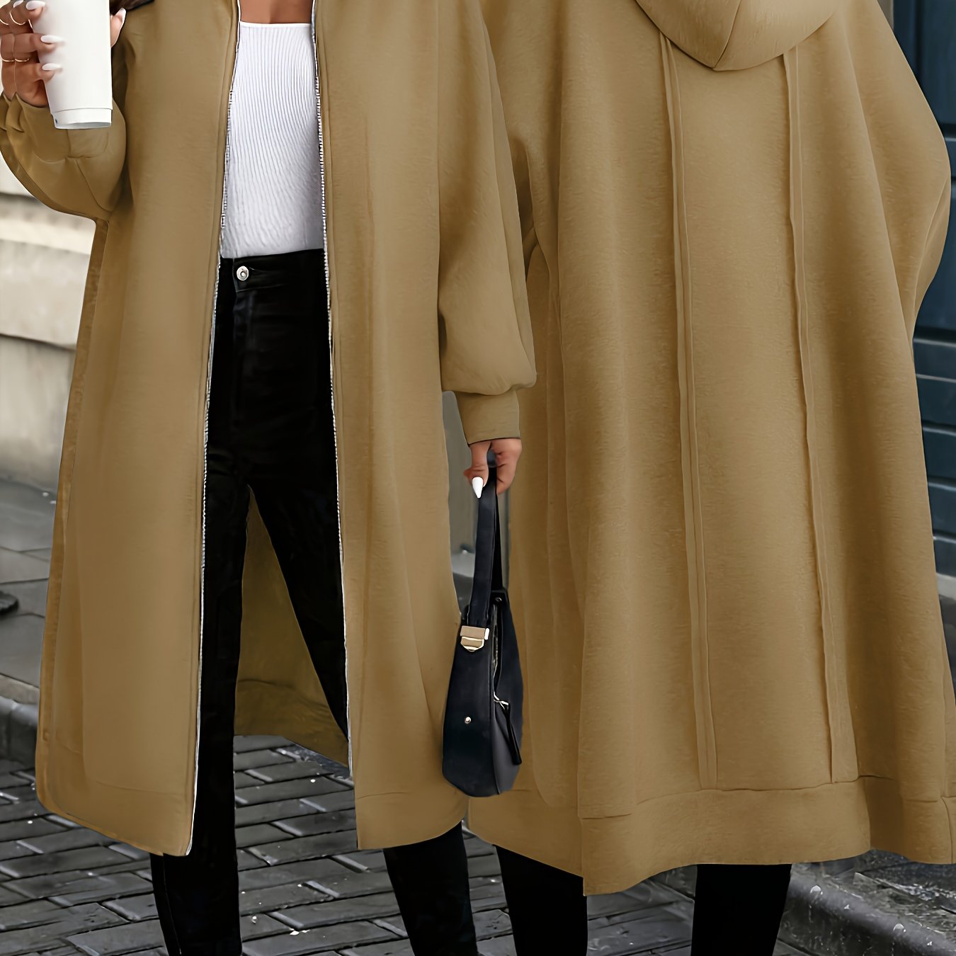 Hooded Zipper Front Long Overcoat