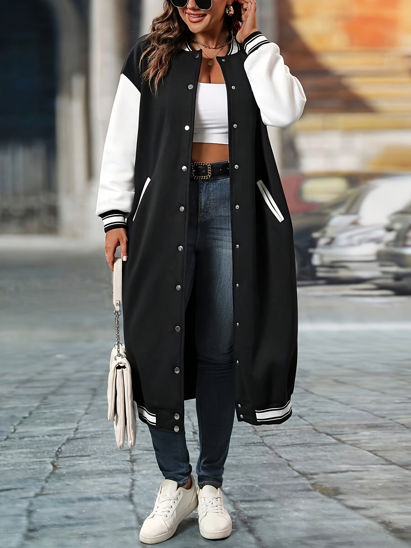 College Style Color Block Jacket – Gold Button Varsity Blazer for Women