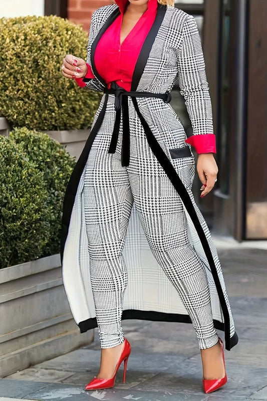 Houndstooth Belted Long Cardigan with Slim Fitting Pants Set Ali Express