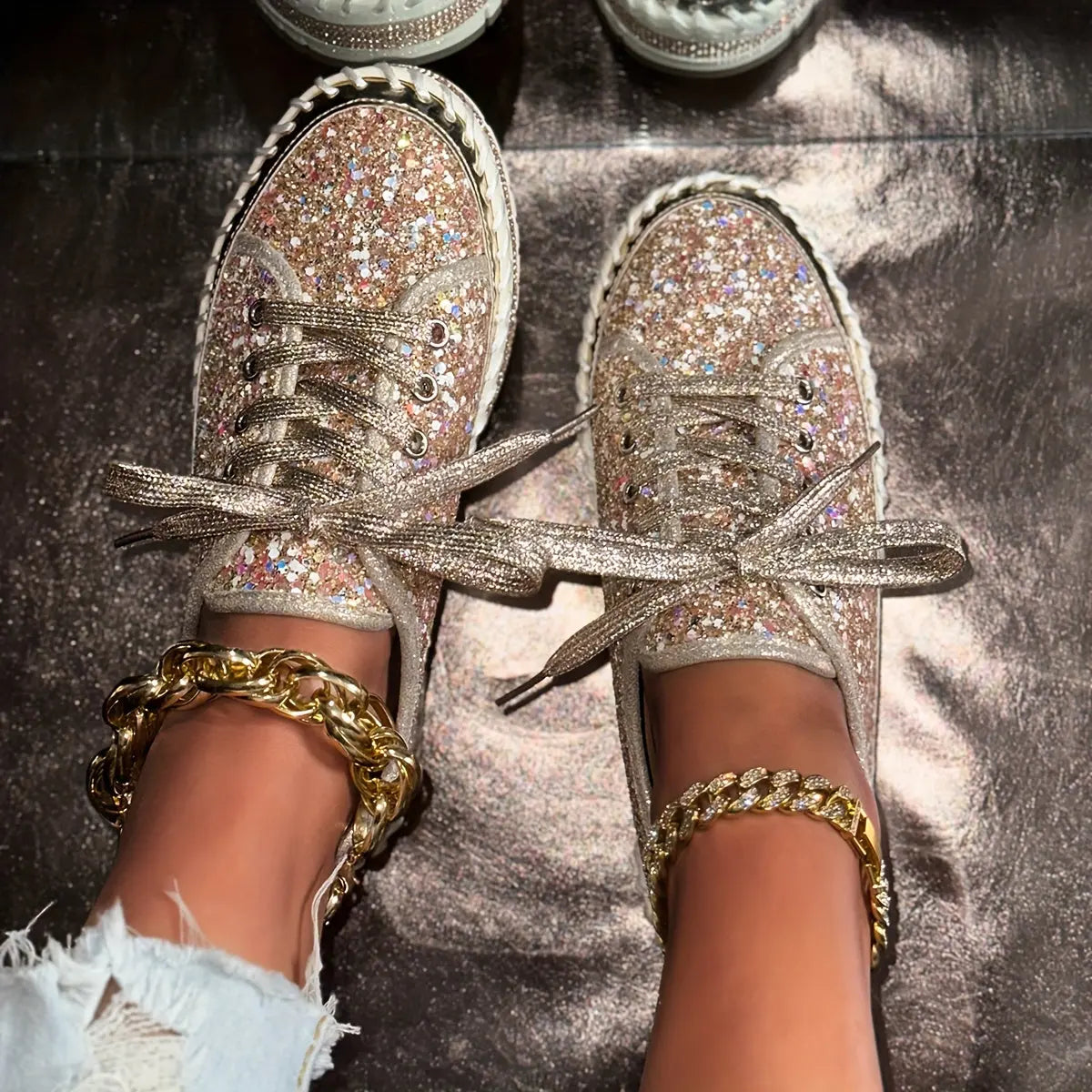 Rhinestone Glitter Low-Top Sneakers Toshe Women's Fashions