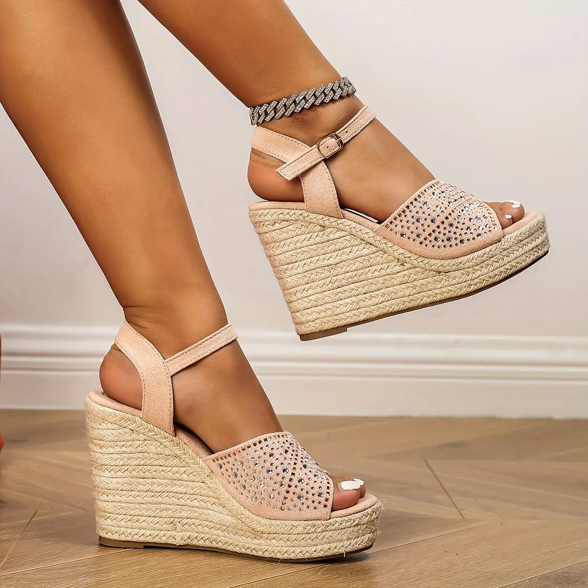 Rhinestone Ankle Wrap Wedge Sandal Toshe Women's Fashions