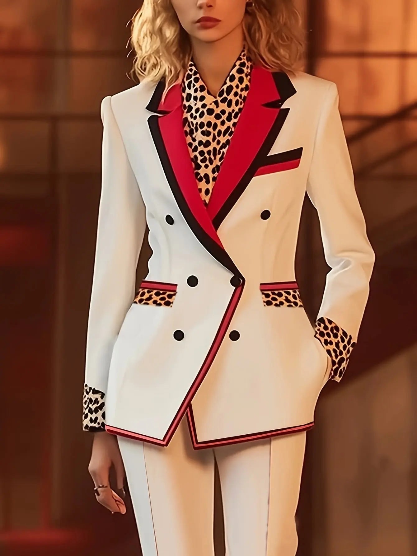 Red Striped Lapel Collar Double Breasted Suit Toshe Women's Fashions