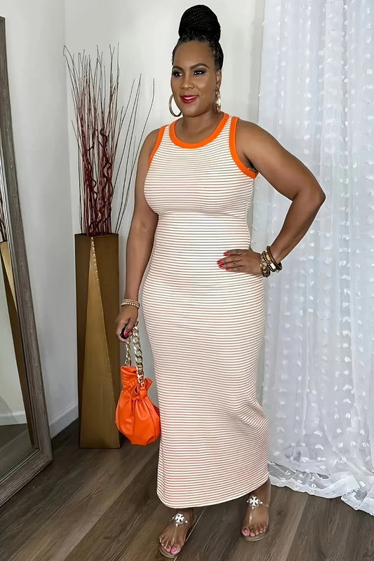 Sleeveless maxi dress - Casual Chic Outfit Orange-Peach-Pink Stripes, Machine Washable Everyday & Formal Dress for Women (All-Season Wear), Versatile Wardrobe, Striped Pattern, Breathable Material, Fashion Lovers Toshe Women's Fashions
