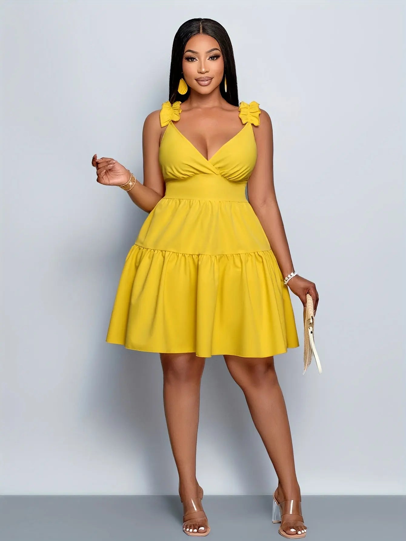 Plus Size Women's Off-Shoulder Ruffled Sleeve Summer Dress - Vibrant Yellow Toshe Women's Fashions