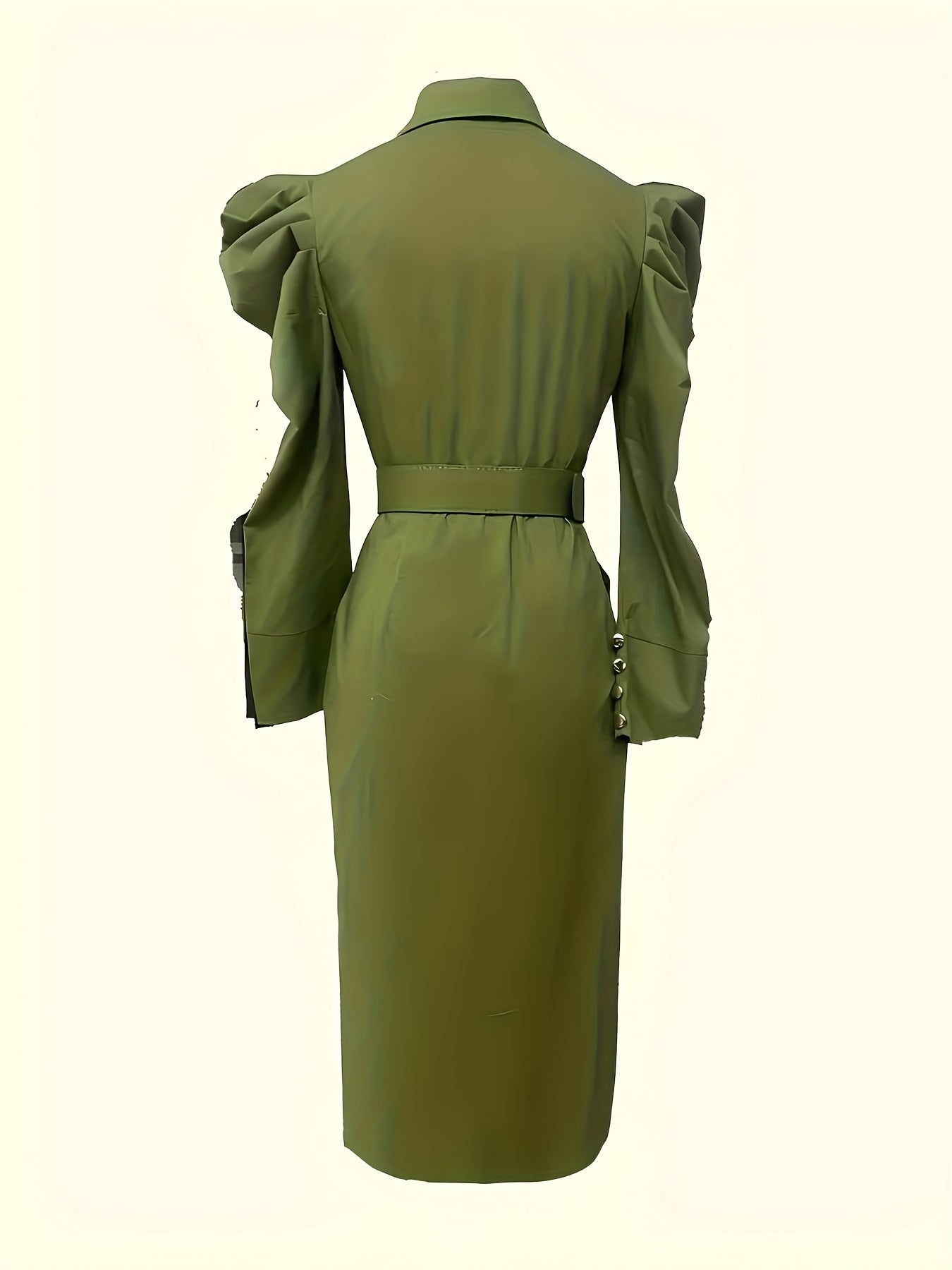 Green Gold Button Accent with Side Zipper Belted Dress