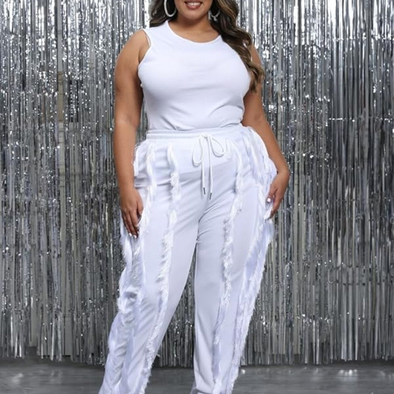 Sleeveless Tank Top with Drawstring Fringe Pant Set