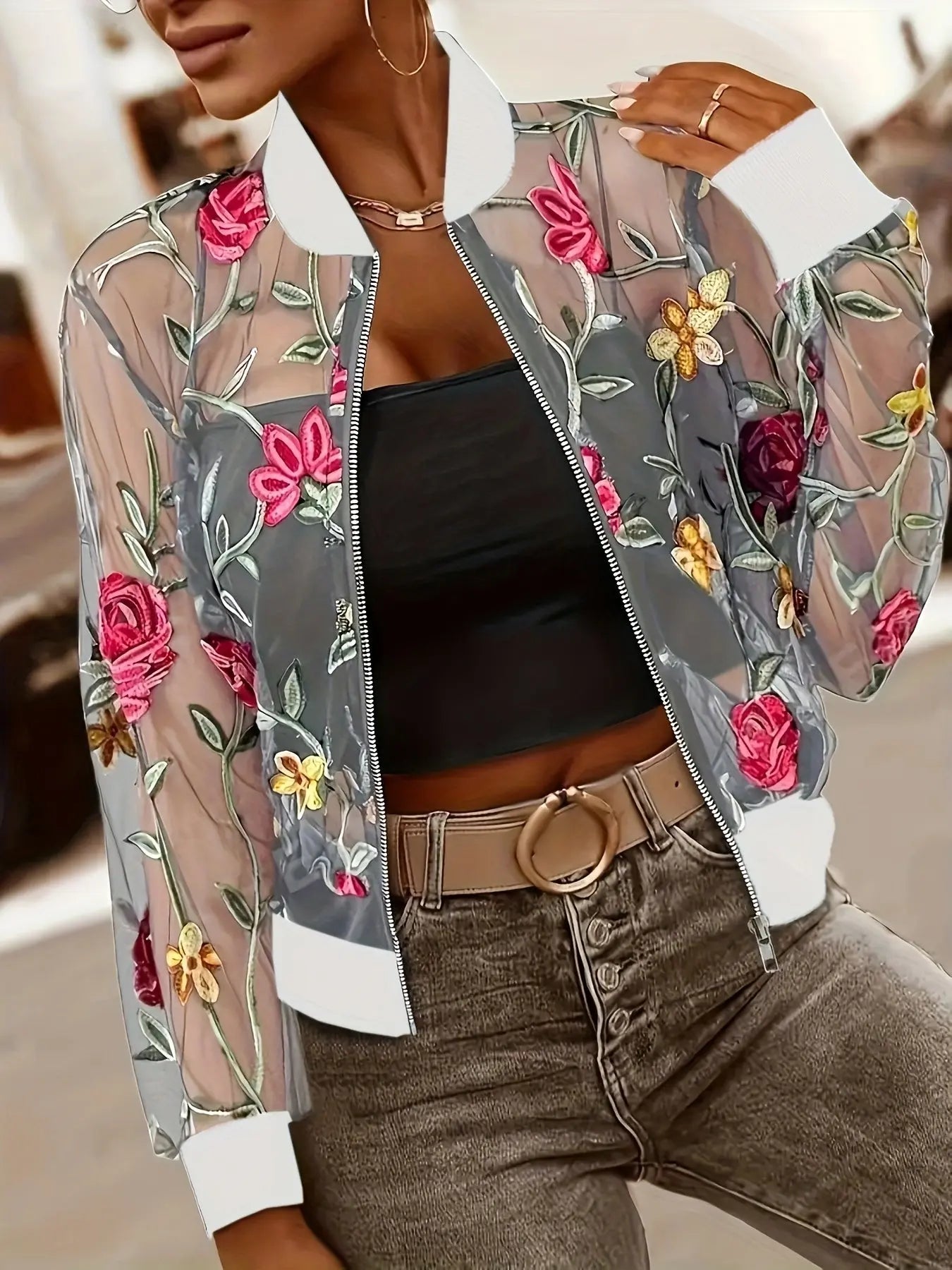 Sheer Floral Embroidery Stand Collar Jacket Toshe Women's Fashions