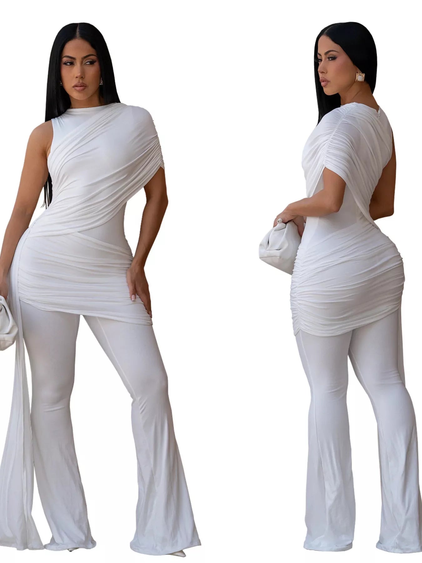 Elegant black ruched one-shoulder flare leg jumpsuit from Trendsi, designed for after 5 occasions, featuring a stylish off-shoulder neckline.