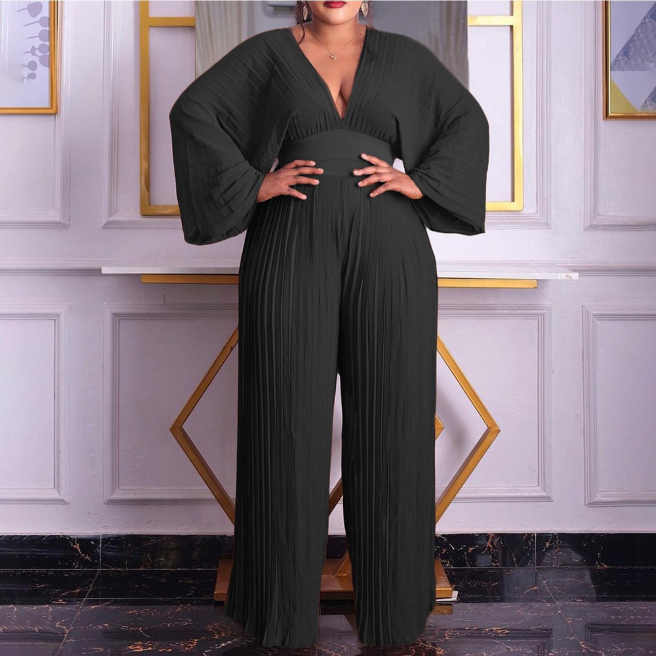 Deep V-Neck Lantern Sleeve High-Waist Jumpsuit – Elegant Wide-Leg One-Piece Outfit