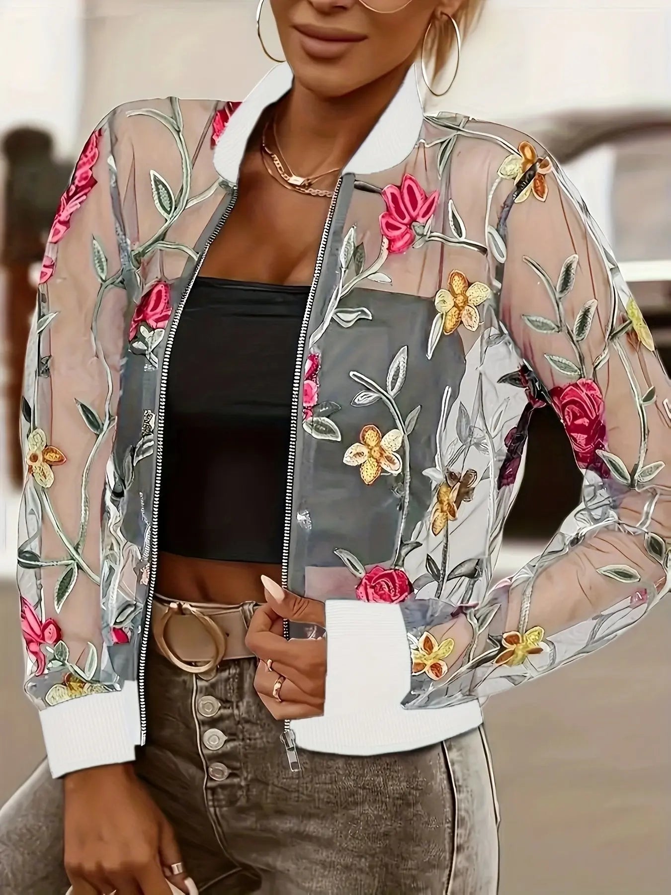 Sheer Floral Embroidery Stand Collar Jacket Toshe Women's Fashions