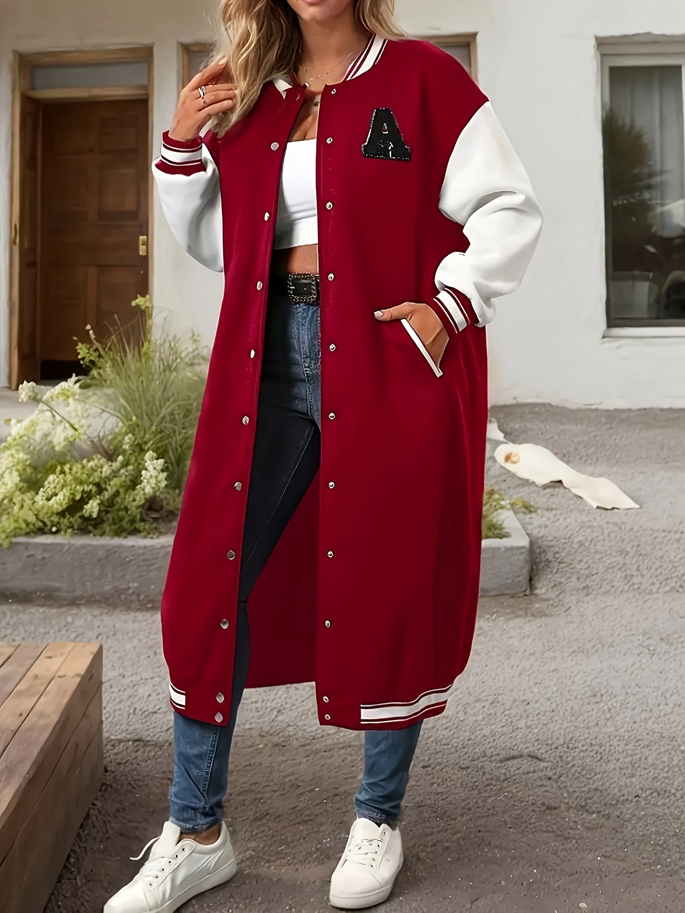 College Style Color Block Jacket – Gold Button Varsity Blazer for Women