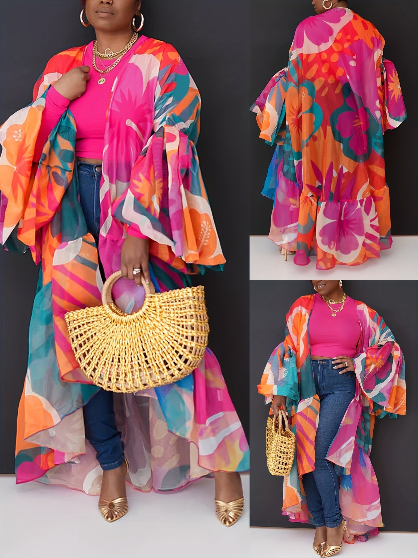 Chic Abstract Print Batwing Sleeve Cardigan