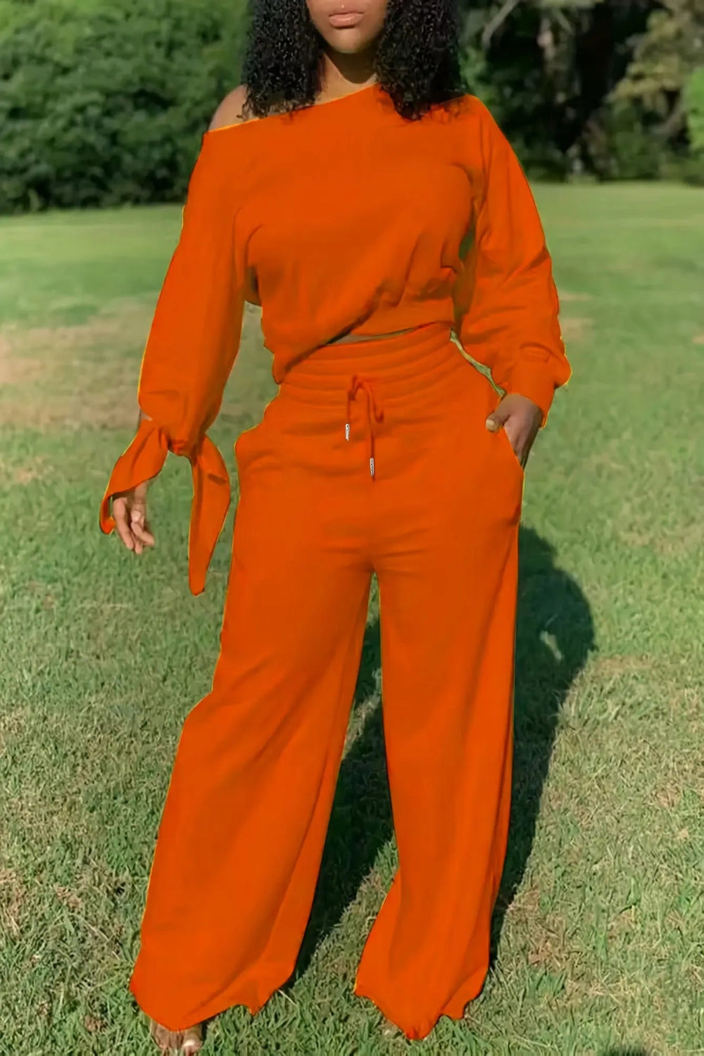 Asymmetrical Batwing Sleeve Crop Top and Drawstring Wide Leg Pants Set Toshe Women's Fashions