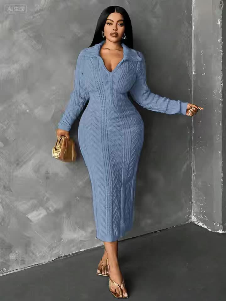 Blue Ribbed Sweater Dress – V-Neck, Collared, Long Sleeve Knit Dress for Women