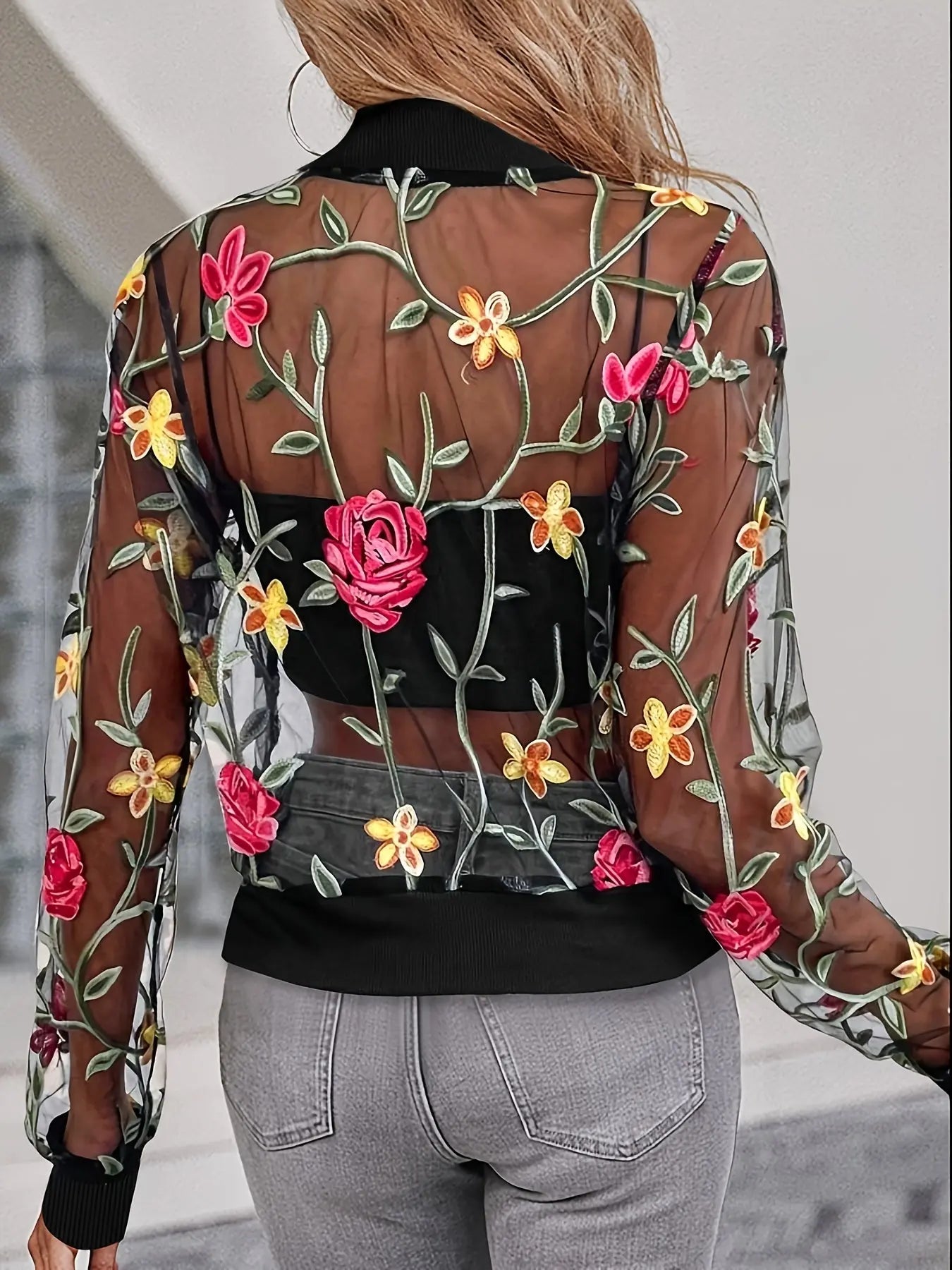 Sheer Floral Embroidery Stand Collar Jacket Toshe Women's Fashions
