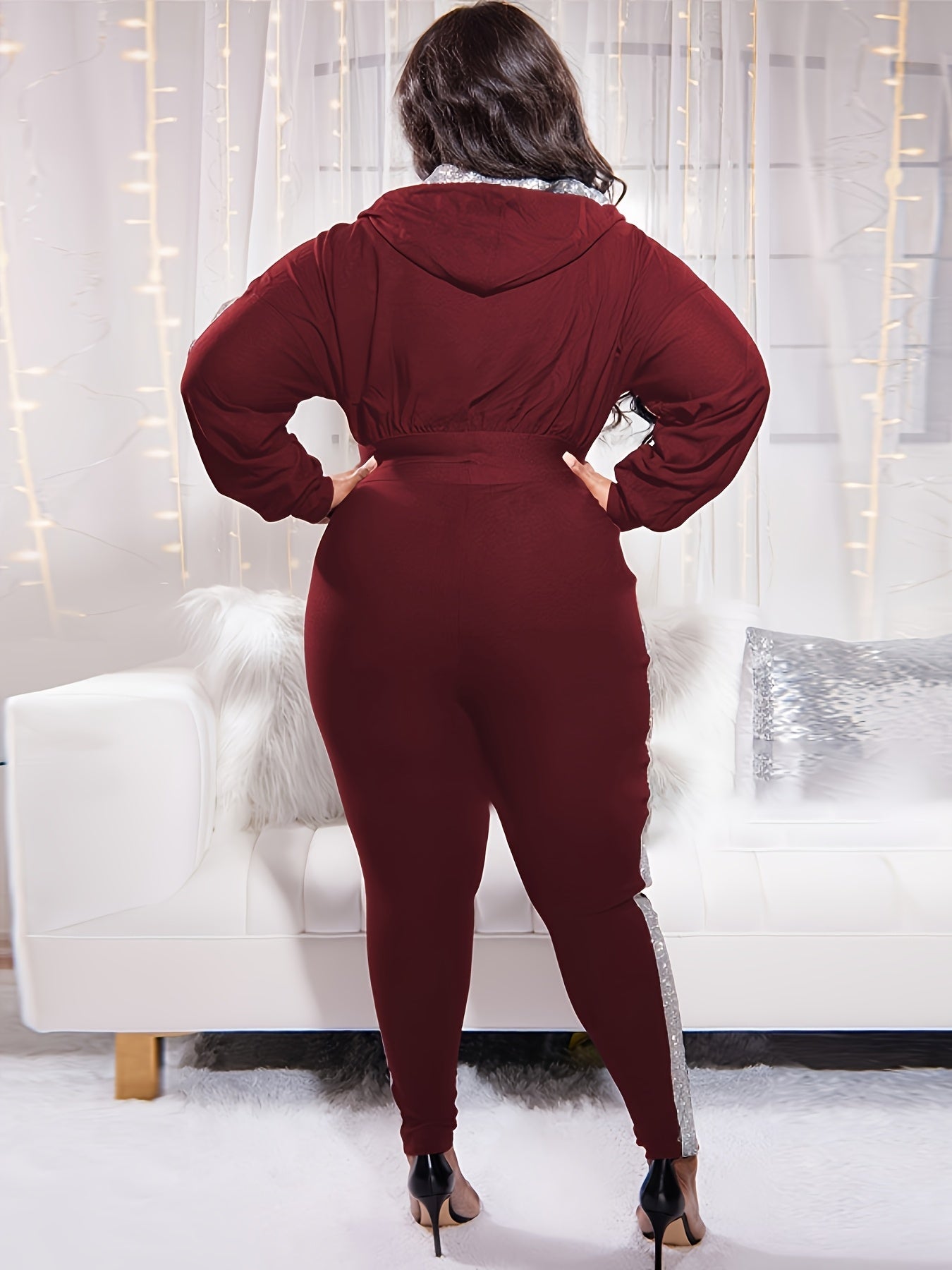 Print Detailed Hooded Crop Sweatshirt & Pants Set