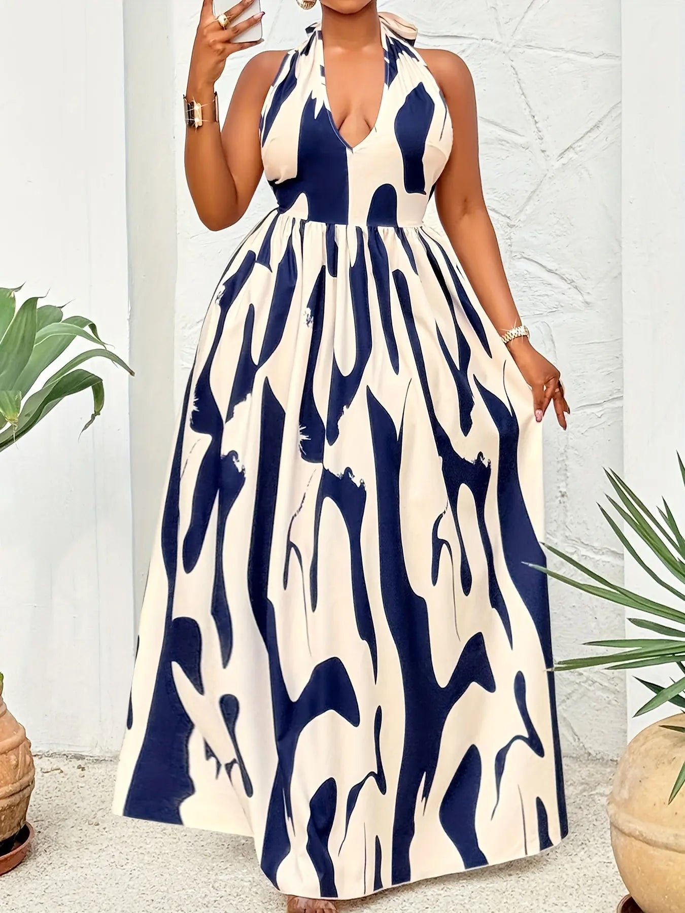 Abstract Print Halter Neck Backless Dress Toshe Women's Fashions