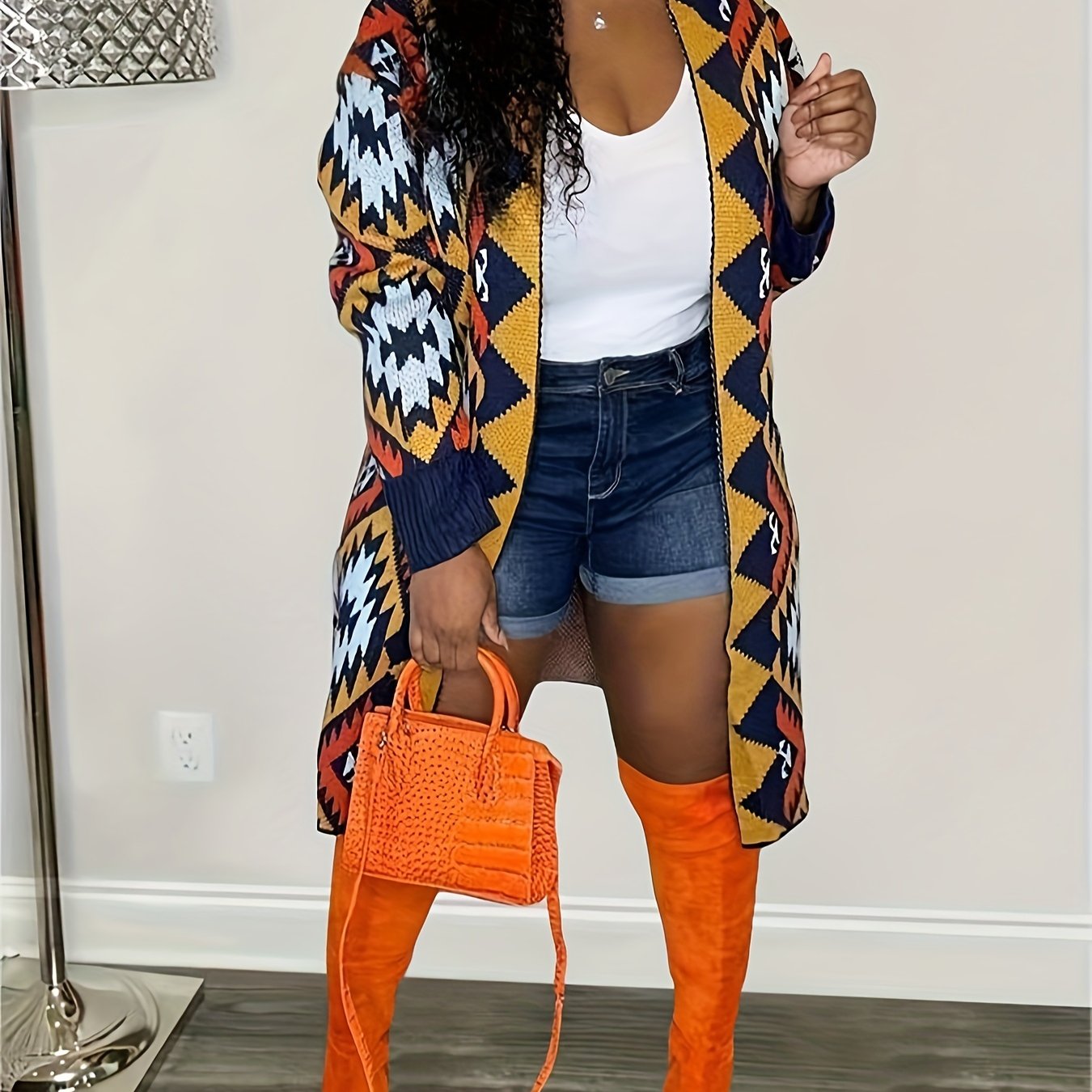 Geometric Print Knitted Cardigan – Cozy Open Front Sweater for Women